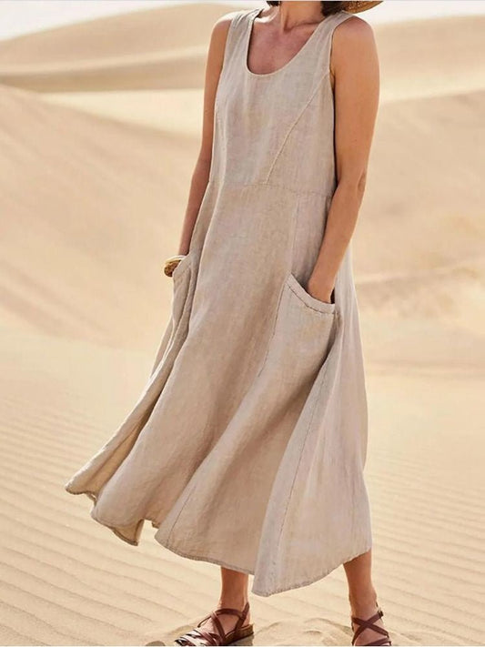Vestido vintage de lino con bolsillos para mujer | Largo midi en color caqui