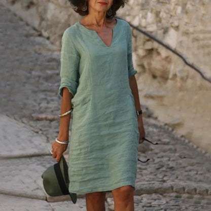 Vestido corto de lino con cuello en V para mujer | Ajuste holgado