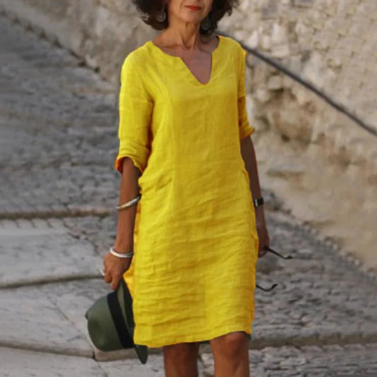Vestido corto de lino con cuello en V para mujer | Ajuste holgado