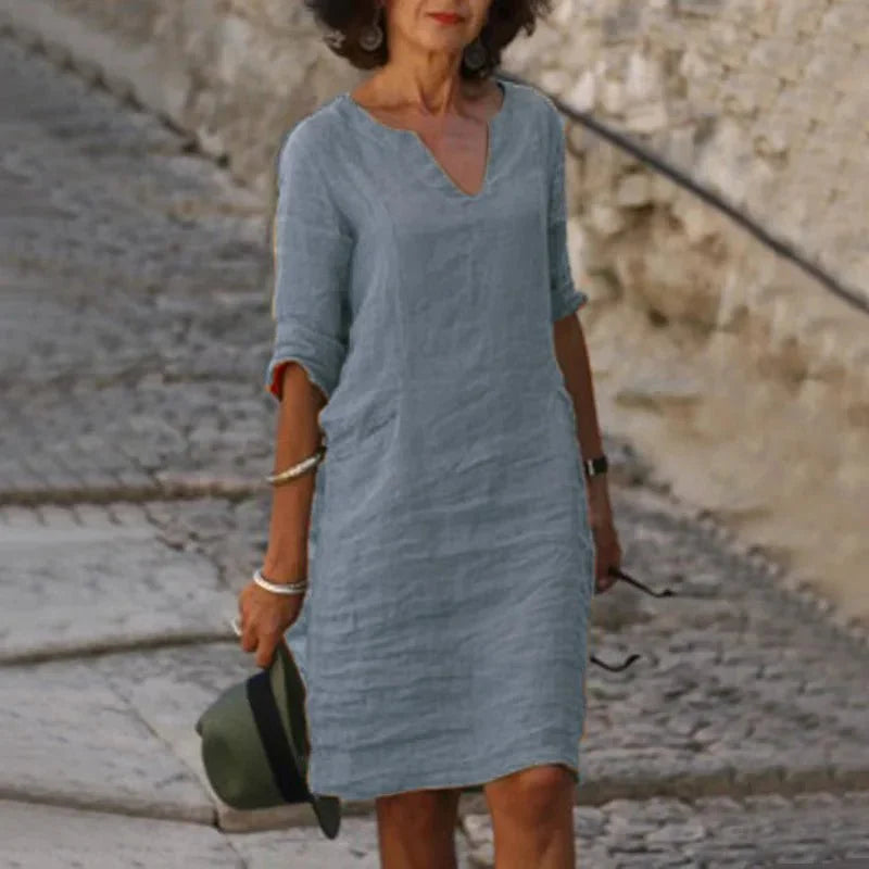 Vestido corto de lino con cuello en V para mujer | Ajuste holgado