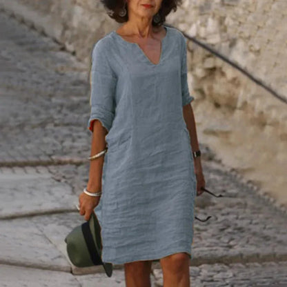 Vestido corto de lino con cuello en V para mujer | Ajuste holgado