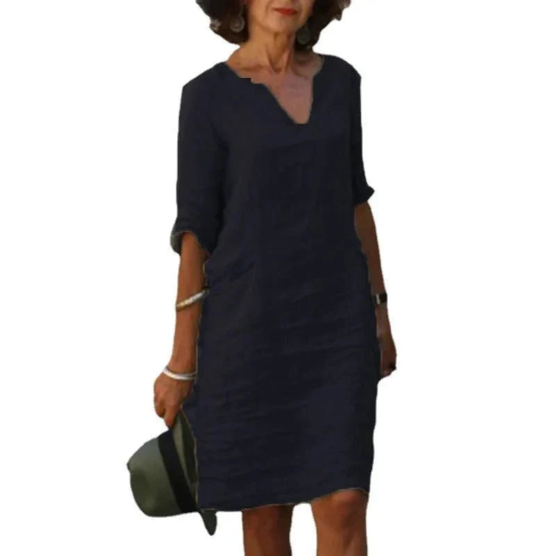Vestido corto de lino con cuello en V para mujer | Ajuste holgado