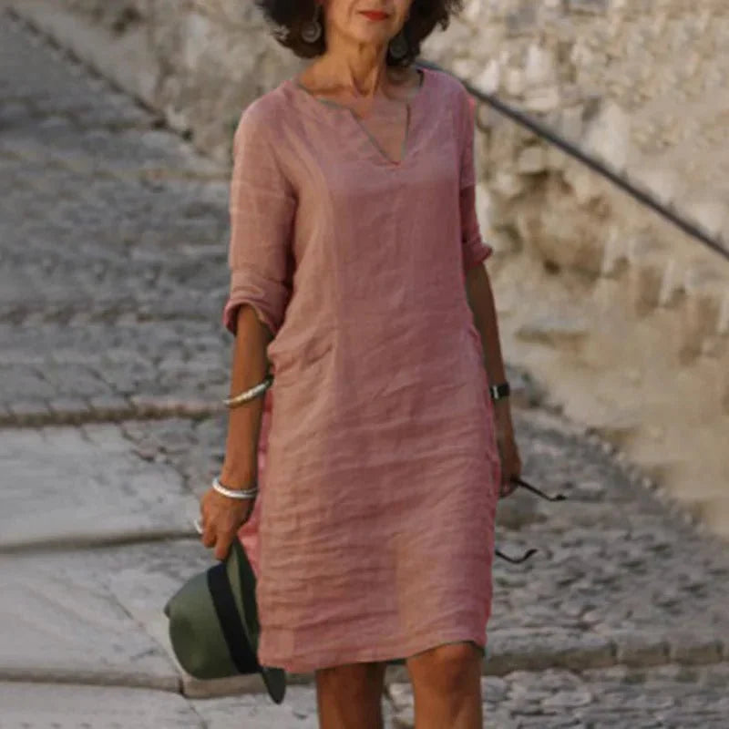 Vestido corto de lino con cuello en V para mujer | Ajuste holgado