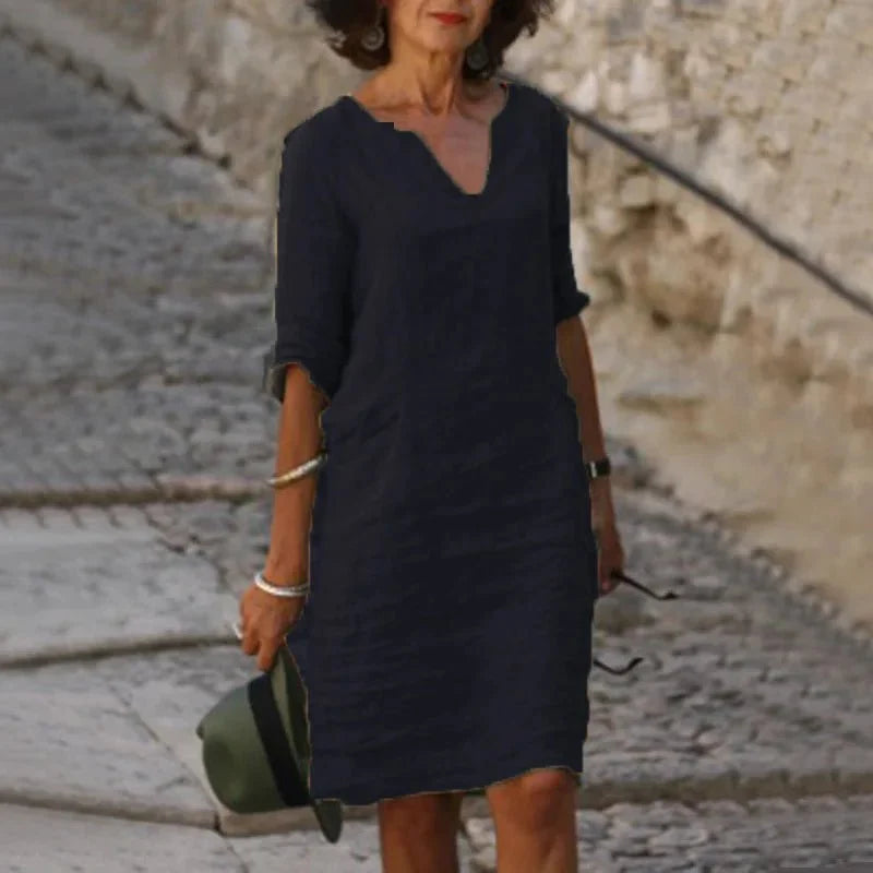 Vestido corto de lino con cuello en V para mujer | Ajuste holgado
