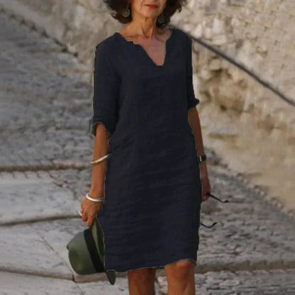 Vestido corto de lino con cuello en V para mujer | Ajuste holgado