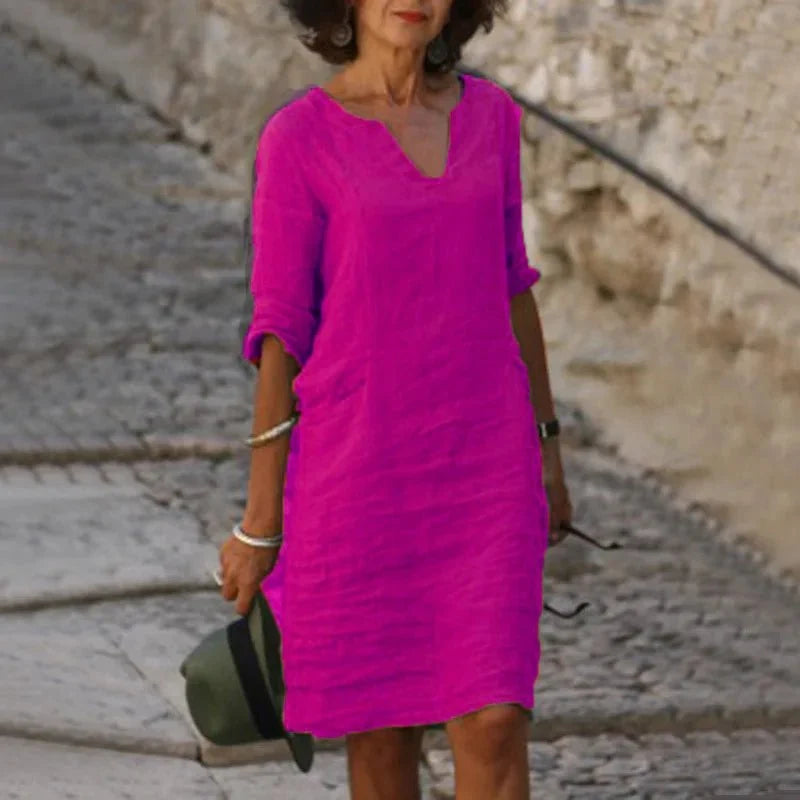 Vestido corto de lino con cuello en V para mujer | Ajuste holgado