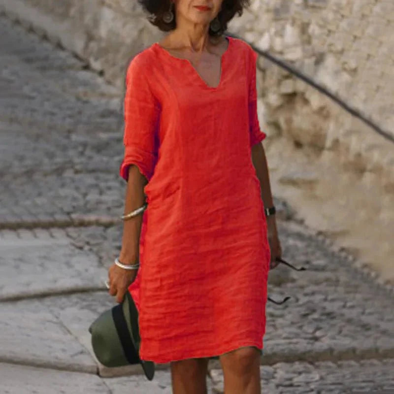 Vestido corto de lino con cuello en V para mujer | Ajuste holgado