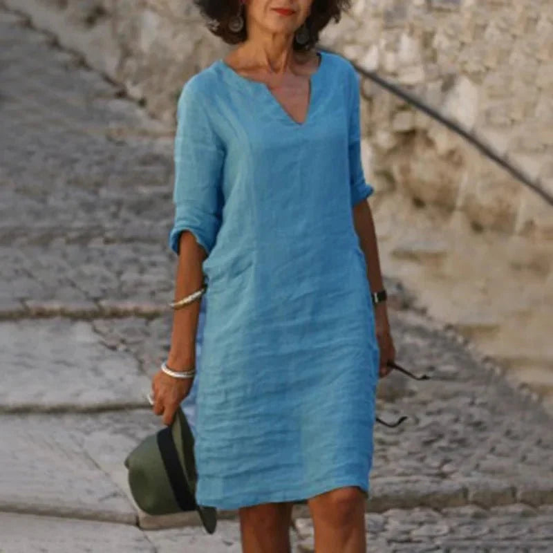 Vestido corto de lino con cuello en V para mujer | Ajuste holgado