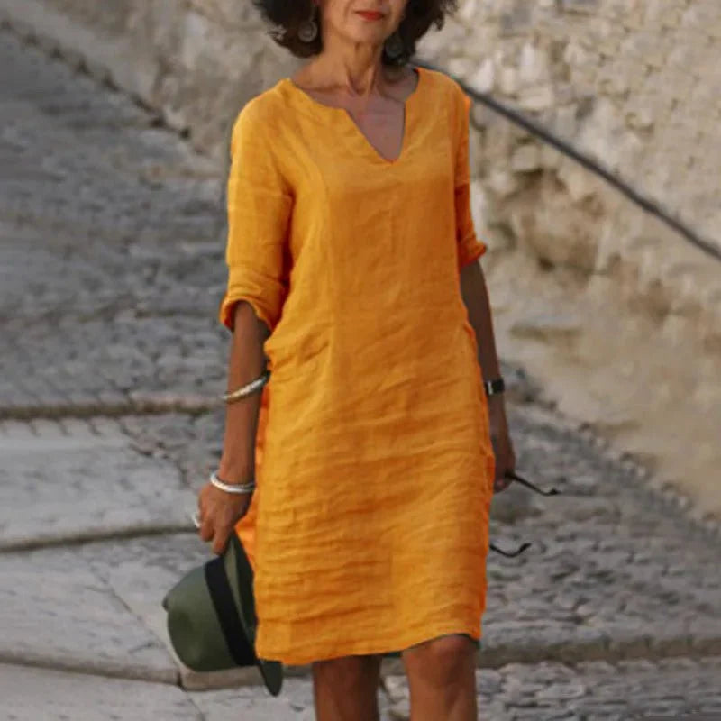 Vestido corto de lino con cuello en V para mujer | Ajuste holgado
