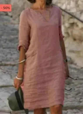 Vestido corto de lino con cuello en V para mujer | Ajuste holgado