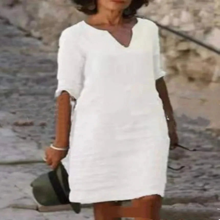 Vestido corto de lino con cuello en V para mujer | Ajuste holgado