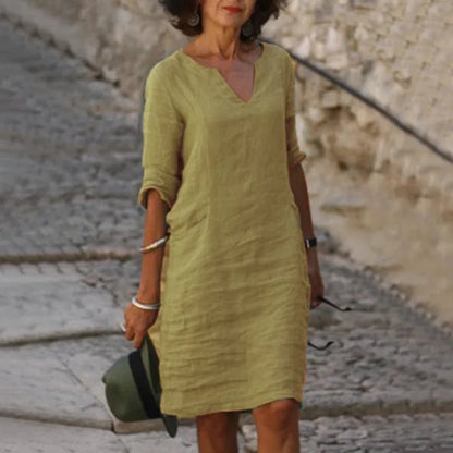Vestido corto de lino con cuello en V para mujer | Ajuste holgado