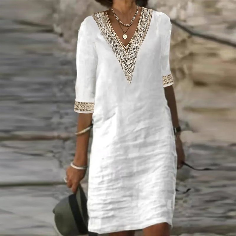 Vestido de lino con escote en V para mujer | Detalle de encaje