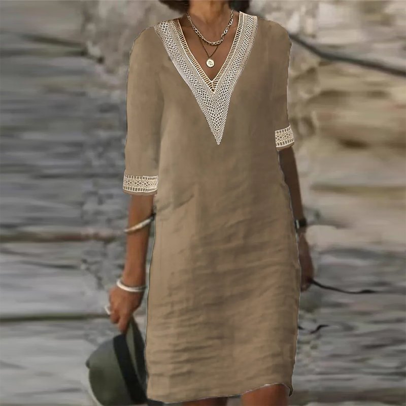 Vestido de lino con escote en V para mujer | Detalle de encaje