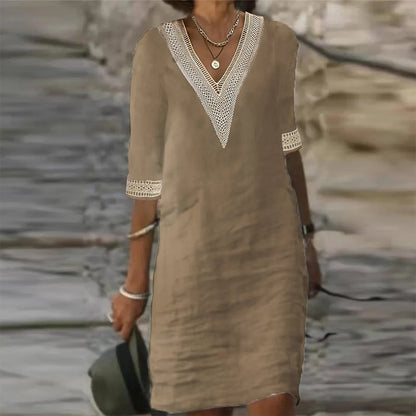 Vestido de lino con escote en V para mujer | Detalle de encaje