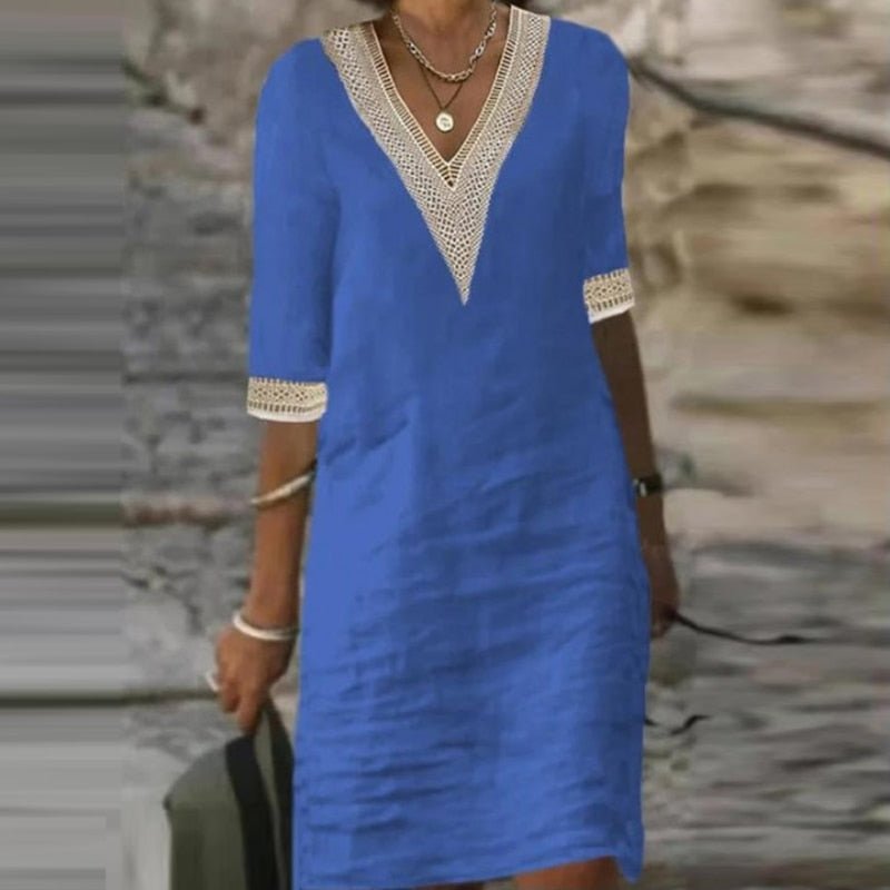 Vestido de lino con escote en V para mujer | Detalle de encaje