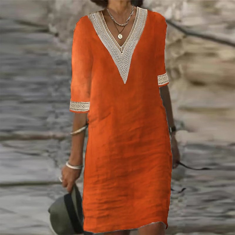 Vestido de lino con escote en V para mujer | Detalle de encaje