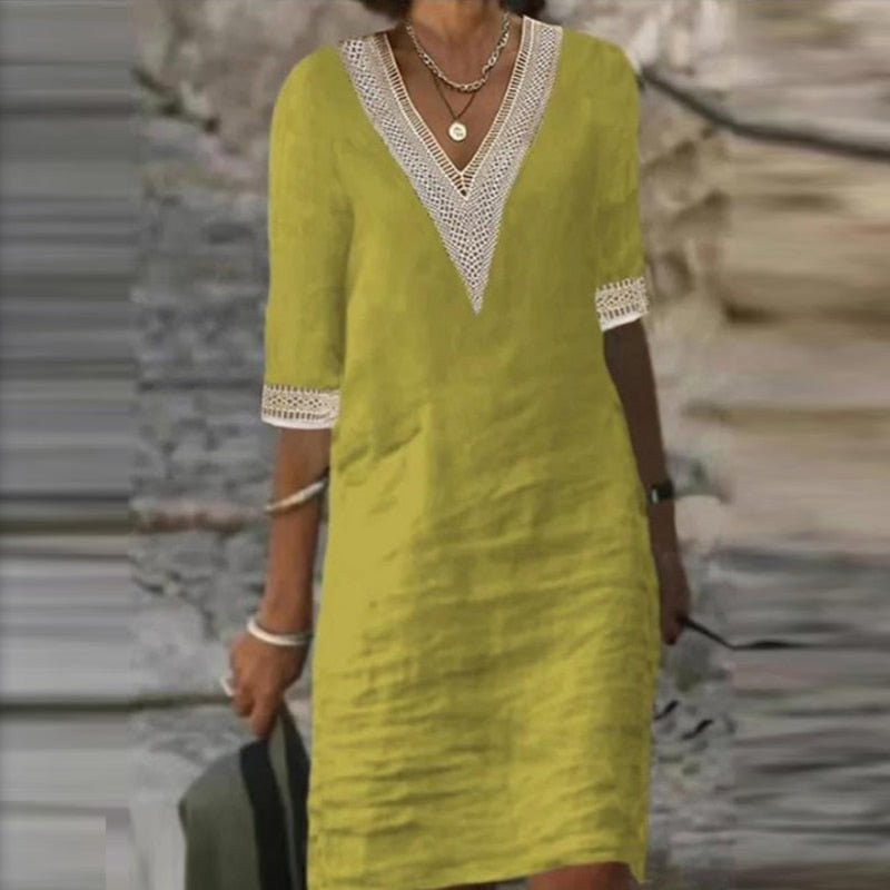 Vestido de lino con escote en V para mujer | Detalle de encaje