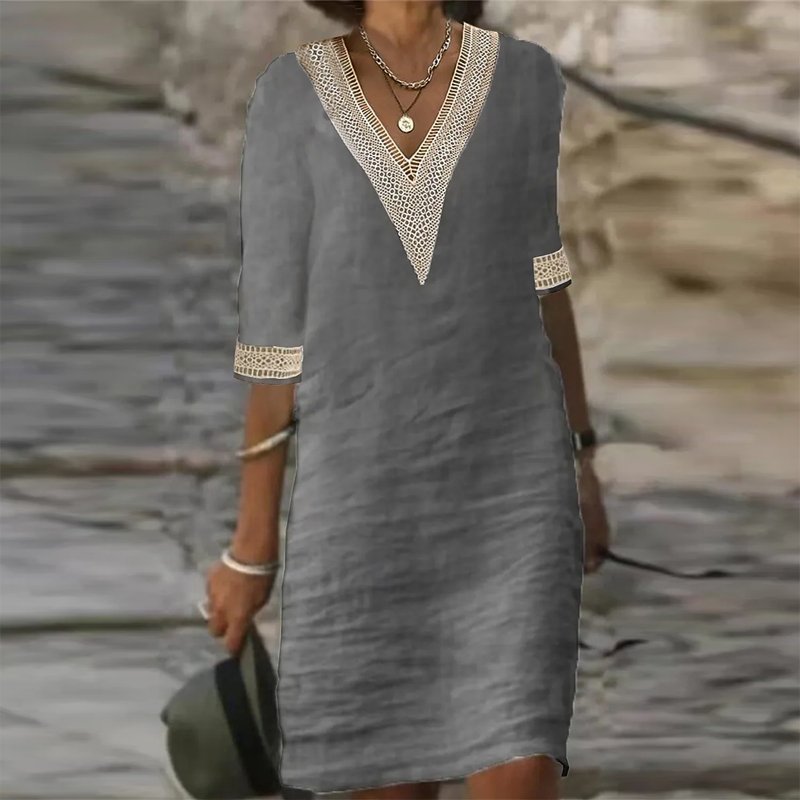 Vestido de lino con escote en V para mujer | Detalle de encaje
