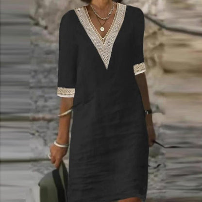 Vestido de lino con escote en V para mujer | Detalle de encaje