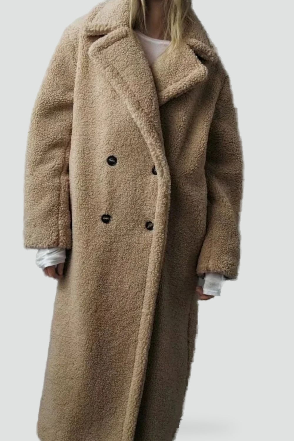 Mujer Abrigo Largo Teddy | Doble Botonadura & Cuello Solapa | Otoño e Invierno