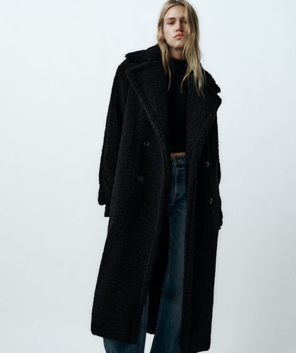 Mujer Abrigo Largo Teddy | Doble Botonadura & Cuello Solapa | Otoño e Invierno