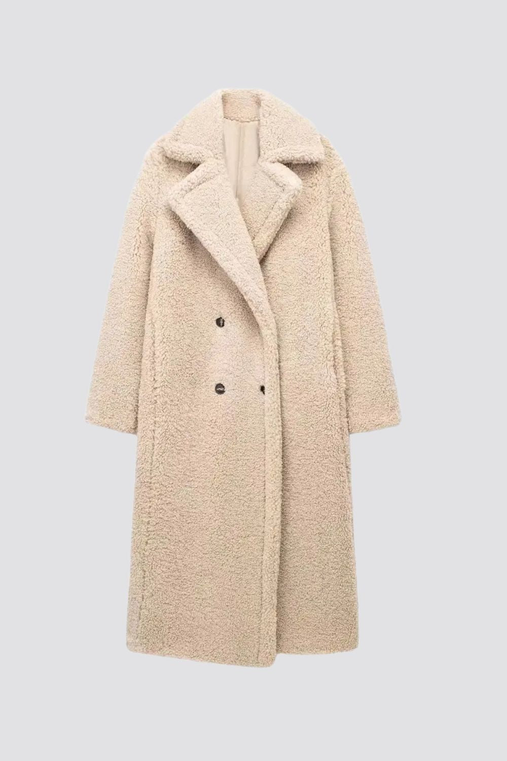 Mujer Abrigo Largo Teddy | Doble Botonadura & Cuello Solapa | Otoño e Invierno