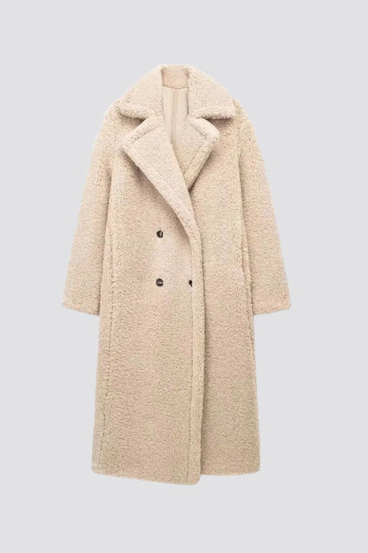 Mujer Abrigo Largo Teddy | Doble Botonadura & Cuello Solapa | Otoño e Invierno