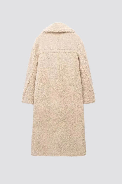 Mujer Abrigo Largo Teddy | Doble Botonadura & Cuello Solapa | Otoño e Invierno